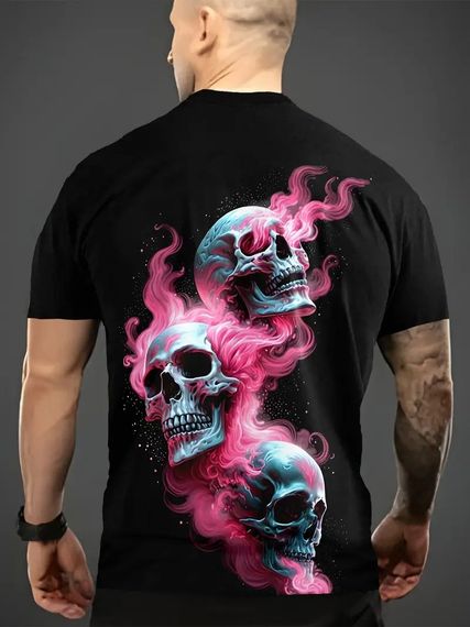 Футболка чоловіча 3D принт Три черепа з рожевим полум’ям термо дихаюча літня L 52 | Зображення 1