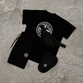 Костюм футболка + шорти + кепка та бананка Stone island колір чорний