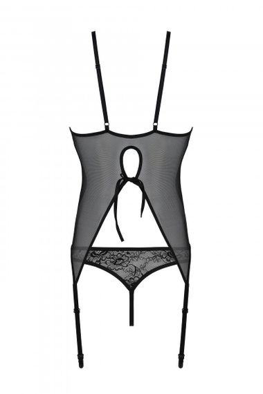 Корсет с пажами, трусики с ажурным декором и интимным вырезом Passion Ursula Corset , Черный, S, M, S/M, Маленький размер | Зображення 3