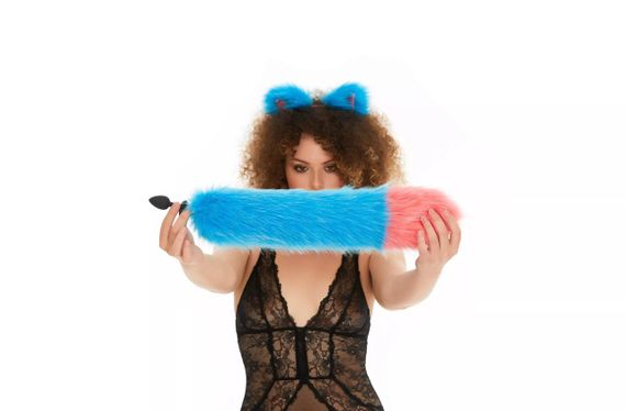 Анальный меховой хвост без пробки, Ярко-голубой с ярко-розовым кончиком, OKOVA 50 см. sexstyle | Зображення 3