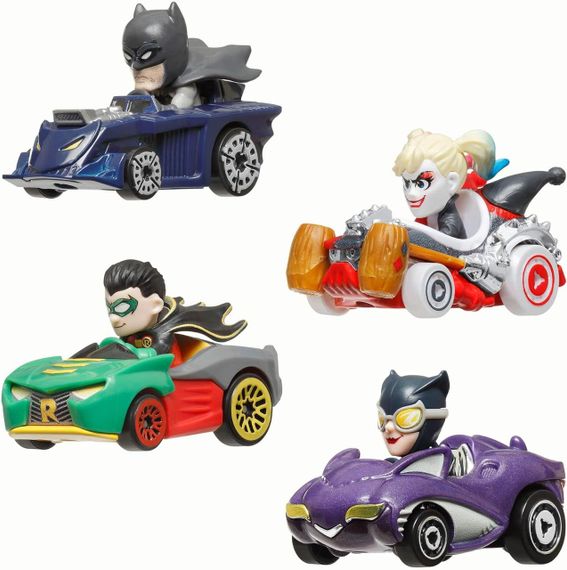 Набір із 4-ти машинок Хот Вілс Бетмен Оригінал Hot Wheels RacerVerse Batman Бетмобіль, Харлі Квінн, Робін, Жінка-Кішка | Зображення 1