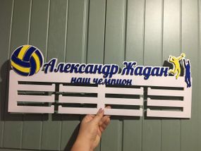 Медальниця волейбол, іменна з поличкою, дерев'яна, тримач для медалей, медальниці