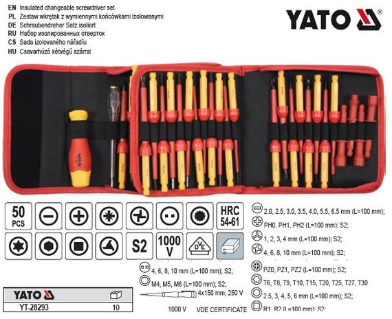 Набор отвертки YATO Польша изолированная диэлектрическая электрика VDE 1000В 50 штук YT-28293