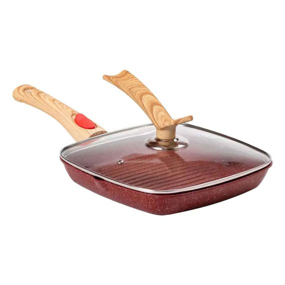 Алюмінієва сковорода-гриль 24 см зі скляною кришкою Square Red MGC HP-4-461R