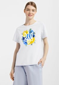 Футболка жіноча біла з принтом "Тризуб на квітах", M