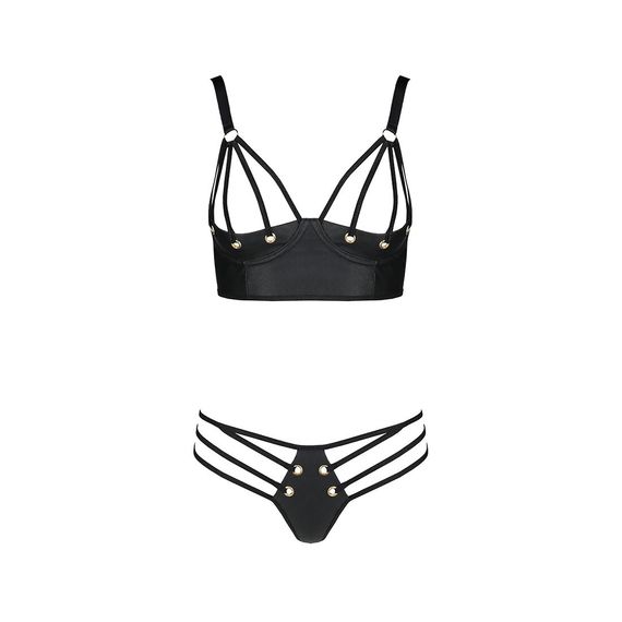 Комплект з екошкіри з люверсами та ремінцями Passion MALWIA BIKINI S/M, black, бра та трусики | Зображення 2