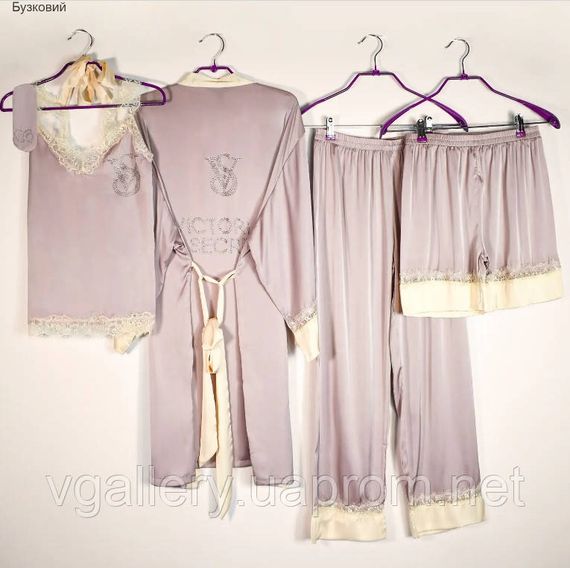 Комплект женский Пижама 6 в 1 атласная  -  Victoria`s Secret Виктория Сикрет  со стразами XL, Сиреневый