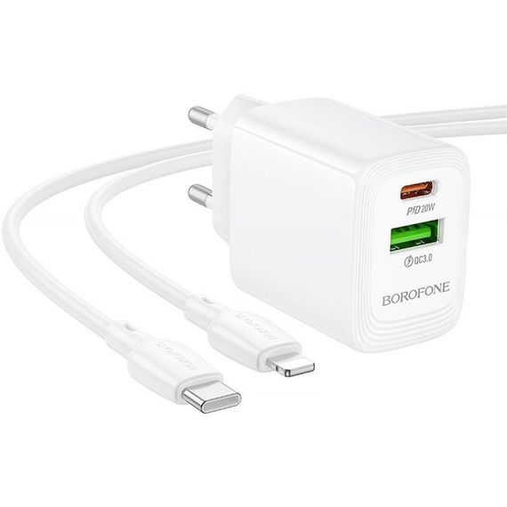 МЗП Borofone BN27 Fuente PD20W+QC3.0 (1USB-A/1C) + кабель Type-C to Lightning White | Зображення 2