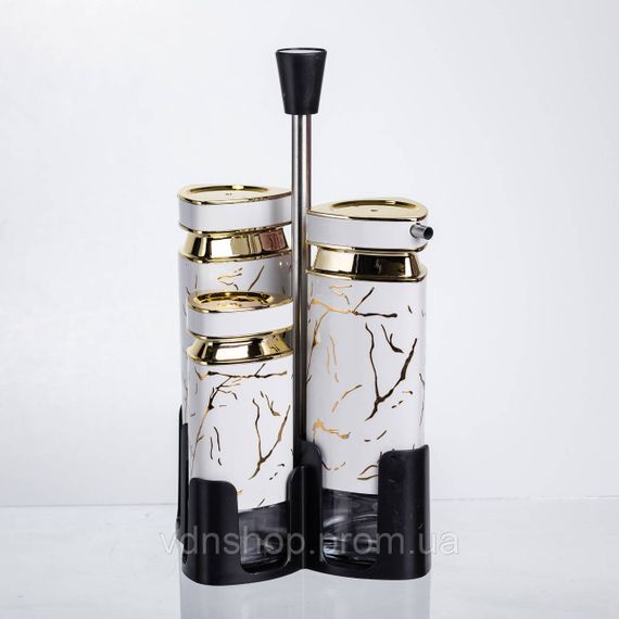 Набор баночек для специй и жидких текстур 4 предмета на подставке белый мрамор HP-1331