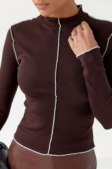 Лонгслів у рубчик з контрастними швами назовні - коричневий цвет, L (є розміри) | Зображення 3