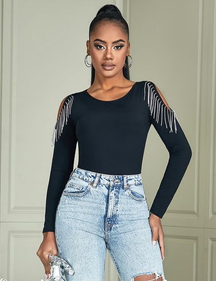 Чорний боді з довгими рукавами Star Night і пензликами з ланцюжків, L sexstyle | Зображення 4