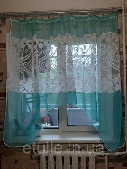 Готова бірюзова коротка пошита тюль фіранка аркою для кухні, веранди, вітальні, коридору або спальні | Зображення 4