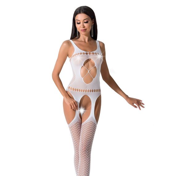 Бодістокінг Passion BS057 white, комбінезон, імітація панчох і пояса, S/M/L