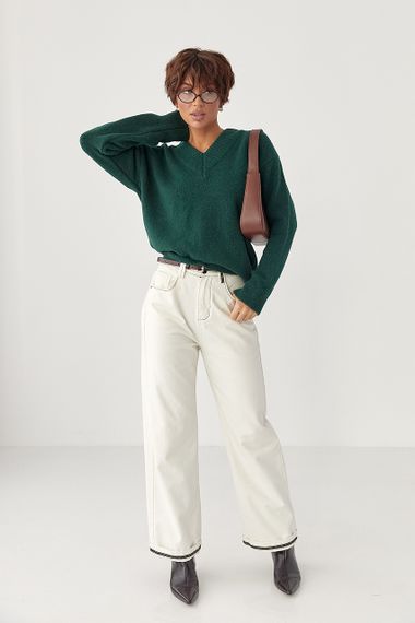 В'язаний однотонний пуловер вільного фасону - зелений цвет, ONE SIZE (є розміри) | Зображення 2