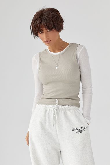 Двошаровий лонгслів у рубчик з імітацією жилетки - сірий цвет, M (є розміри) | Зображення 1