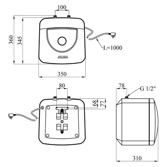 Водонагрівач Kroner Small K15SU1.5 1500 Вт, "мокрий" ТЕН, 15 л, квадратний, вертикальний, під мийкою, білий (CV034586) | Зображення 1
