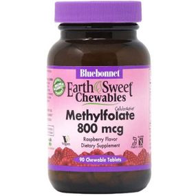 Витамин Bluebonnet Nutrition Метилфолат (B9) 800мкг, Вкус Малины, Earth Sweet Chewables, (BLB0454) - Топ
