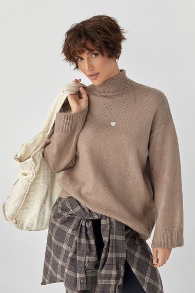 Теплий жіночий светр із широкими рукавами - світло-коричневий цвет, ONE SIZE (є розміри)