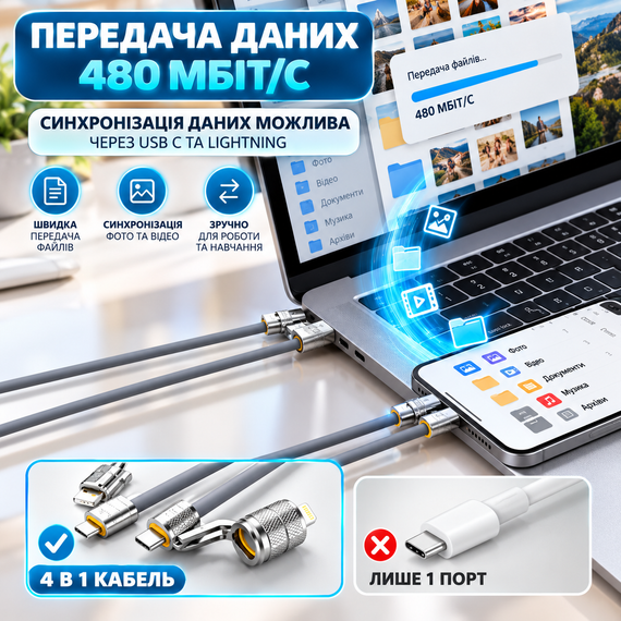 Кабель зарядний 4 в 1 універсальний 2 м сірий для швидкого заряджання та передачі даних із захистом від перегріву | Зображення 1