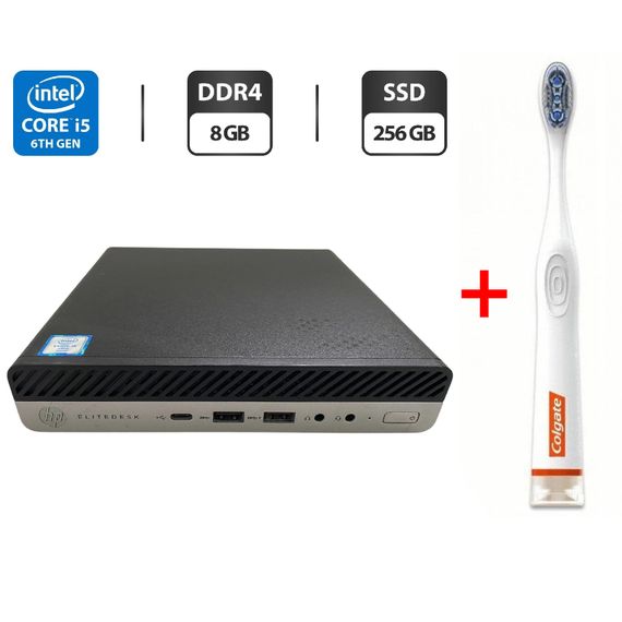 Неттоп HP HP EliteDesk 800 G3 USFF / Intel Core i5-6500T (4 ядра по 2.5 - 3.1 GHz) / 8 GB DDR4 / 256 GB SSD / Intel UHD Graphics 530 / Wi-Fi / Блок живлення б/в + Подарунок Розумна інтерактивна зубна щітка Colgate Connect M1 / Bluetooth