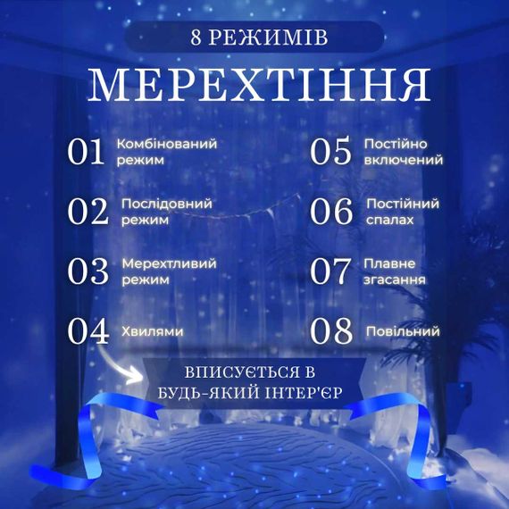 Гирлянда штора 2х2 м 240 LED светодиодная медный провод 8 нитей Синий ZWM2240LEDBL | Зображення 6