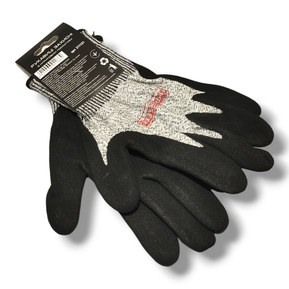 Рукавички захисні сірі із захистом від порізів та чорним нiтрил. покриттям, чорний оверлок HAISSER посилені (211121) | Зображення 1