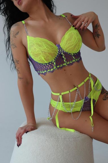 Спокусливий комплект із поясом «Chess», колір жовтий із фіолетовим, розмір M sexstyle