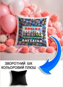 Подушка плюшева Мерч Крафт Дизайн з принтом roblox 1 імя Ангелiна чорний плюш квадратна 33х33 см