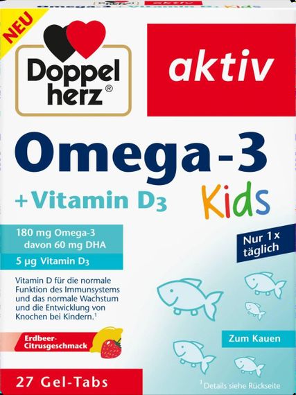 Детские жевательные витамины "Doppelherz Omega-3 + D3", вкус фруктовый, от 4 лет, 27 шт., Германия