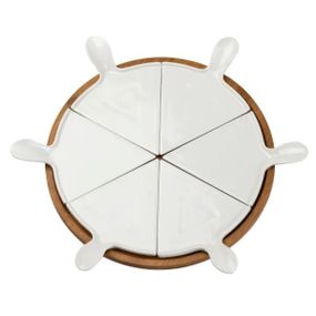 Тарелка для пиццы 28 см фарфоровая вращающаяся, бамбуковое основание HP1248