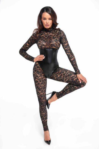 Комбінезон мереживний Enigma F299 Noir Handmade, з блискавкою, чорний, розмір S