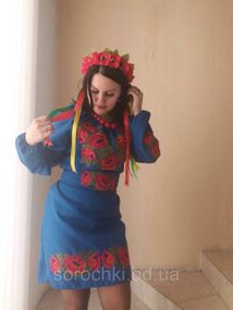 Платье женское  с вышивкой , цветы , "маки красные" . синее,габардин