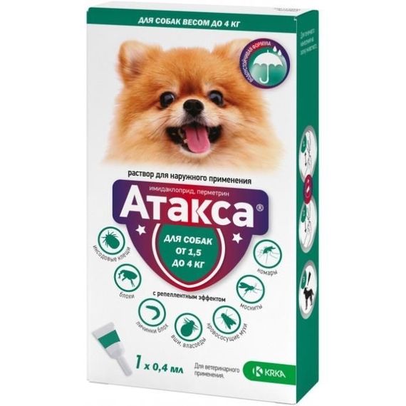 Капли от блох, клещей, москитов для собак весом до 4 кг Атакса KRKA, 1 пип