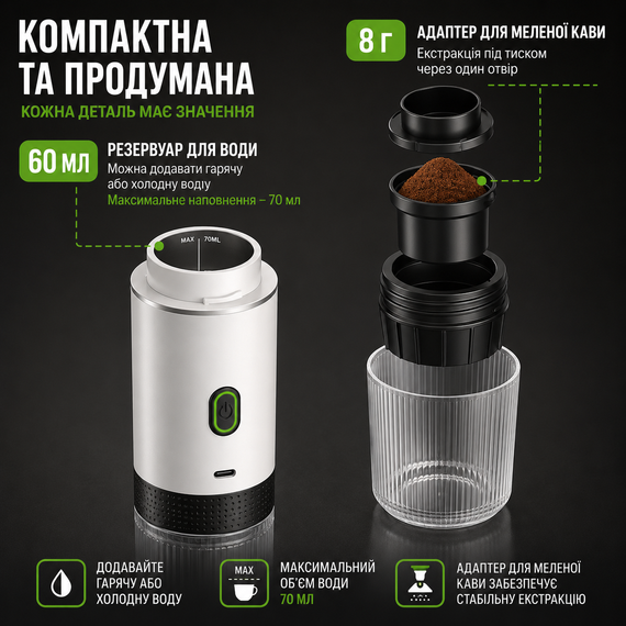 Портативная кофеварка 3 в 1 KF-JN-02 белая, аккумуляторная беспроводная эспрессо машина с USB Type-C для капсул и молотого кофе | Зображення 4