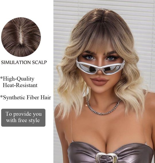 Перука коротка хвиляста каре блонд омбре з чубчиком, термостійке синтетичне волосся з натуральним проділом,  для зміни образу | Зображення 3