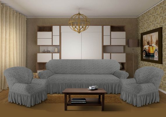 Жаккардовый чехол на диван + 2 кресла с юбкой Серый