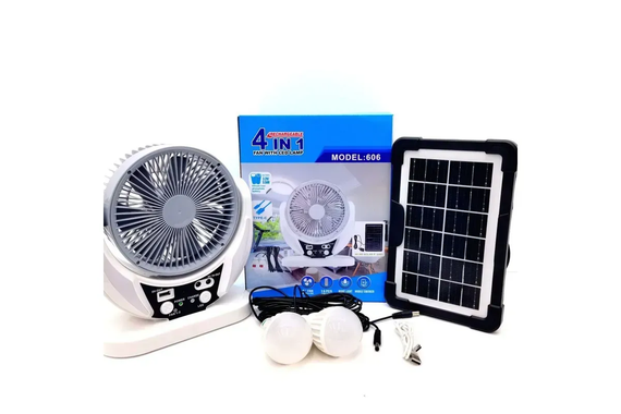 Вентилятор портативный 4в1 (6", солнечная панель, 2 LED лампы, 2 скорости, 6Вт, USB, 3.2V/4000 мАч)