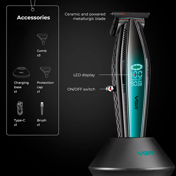 Триммер аккумуляторный VGR V-992 GREEN, 9000 RPM, 2000 mAh, 3 насадки, LED дисплей | Зображення 7