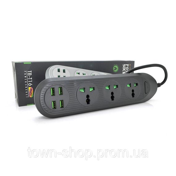 Сетевой фильтр ТВ-Т16mini, 3 розетки + 4 USB, 2 м, сечение 3х0,75мм, 3000W, Black, Box | Зображення 1