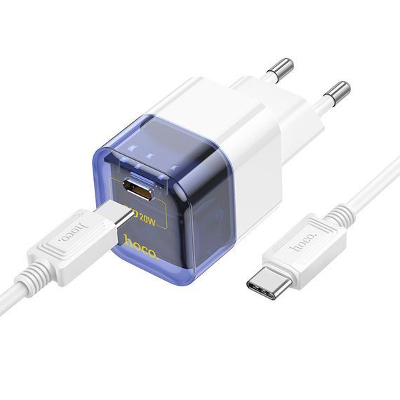 МЗП Hoco C125A Transparent PD20W (1USB-C) + кабель Type-C to Type-C Transparent blue | Зображення 1