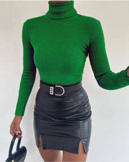Женская водолазка-гольф в рубчик с высоким воротником SA409, размер 42/48, цвет зеленый
