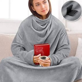 Плед-халат длинный теплый с карманами Серый Owersize