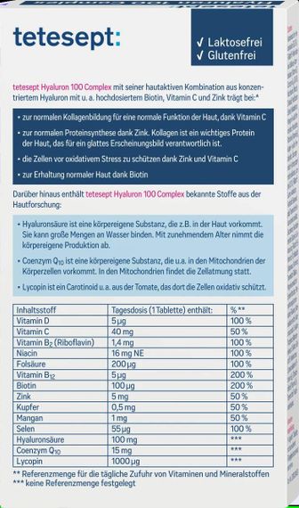 Комплекс Tetesept Гіалурон 100 мг. + Q10 + Біотин для зволоження, краси та здоров' я шкіри, Німеччина | Зображення 1