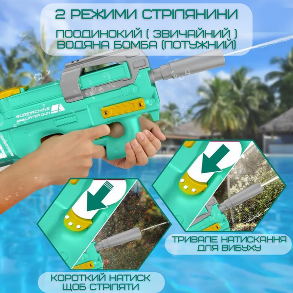 Водяний Бластер Електричний на Акумуляторі 2 Режима Портативний Водний Автомат Р90 для Дітей та Дорослих Зелений | Зображення 2