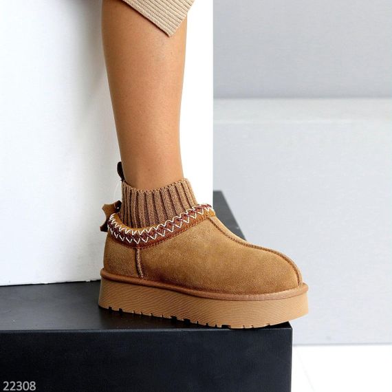 Низкие угги с текстильным манжетом натуральная замша цвет Карамель | Зображення 6