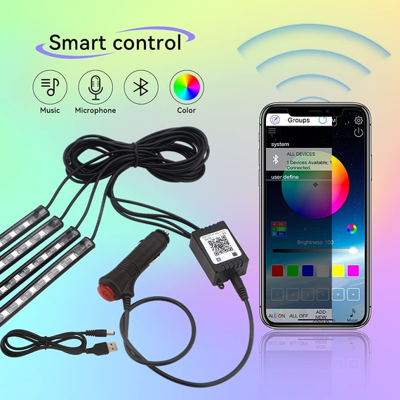 Автомобильная светодиодная ЛЕД подсветка RGB в салон автомобиля, Bluetooth управление | Зображення 3