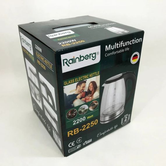 Електричний скляний чайник Rainberg RB-2250 з LED-підсвіткою 2200 Вт 1.8 л, гарний електро чайник | Зображення 7