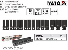 Набор головки торцевые YATO Польша ударные глубокие 1/2" М10-32 l=78 мм 15 штук YT-1055