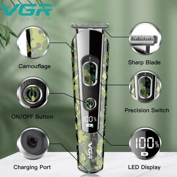 Машинка для стрижки волосся, носа, бороди, бритва VGR V-102 5в1 бездротовий триммер з дисплеєм камуфляж | Зображення 6