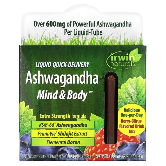 Ашваганда Irwin Naturals Ashwagandha Mind &amp; Body, Berry-Citrus, 10 Liquid-Tubes 100 ml